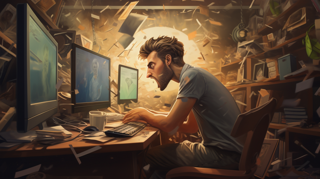 PC 성능 저하로 화가 난 남자의 모습 그림