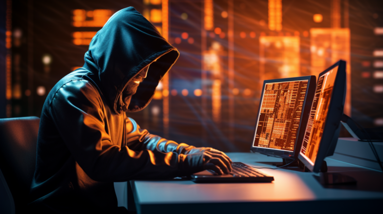 사이버 보안이 문제시 되는 상황에서 해커가 개인정보를 노리는 그림