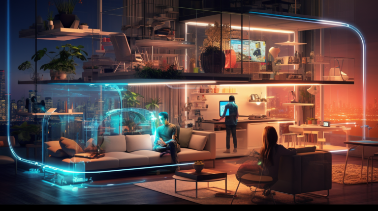 미래의 가정 집 생활에 대한 인공지능,lot등의 기기를 통한 표현한 그림