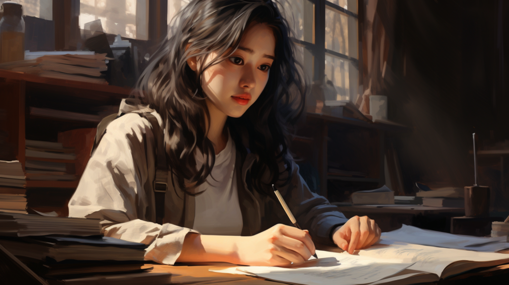 글을 쓰고 자신의 글이 표절이 아닌지 검사하고 있는 여성의 모습