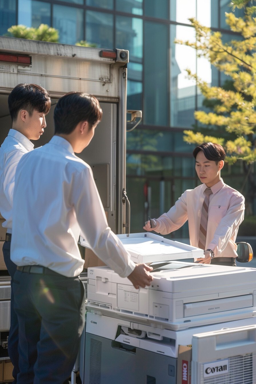 복합기를 옮기는 두명의 엔지니어
